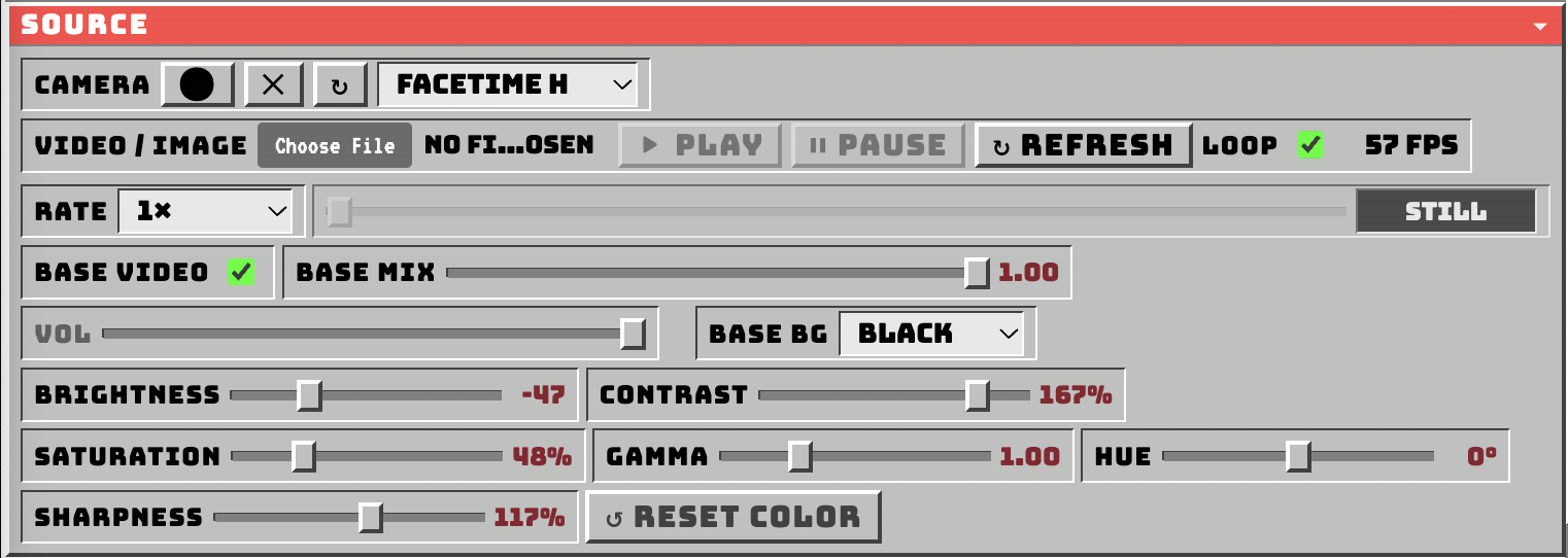 HUFF Source interface with camera, transport, playback, and six source-color controls